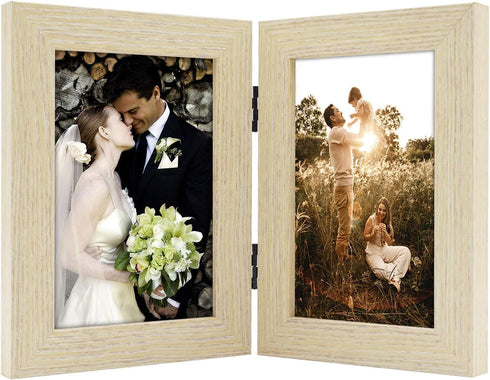 Golden State Art, 4x6 Double Picture Frame Vertical Hinged Photo Frame 2 Opening Folding Family Frames Collage, with Real Glass (4x6, Beige, 1-Pac...