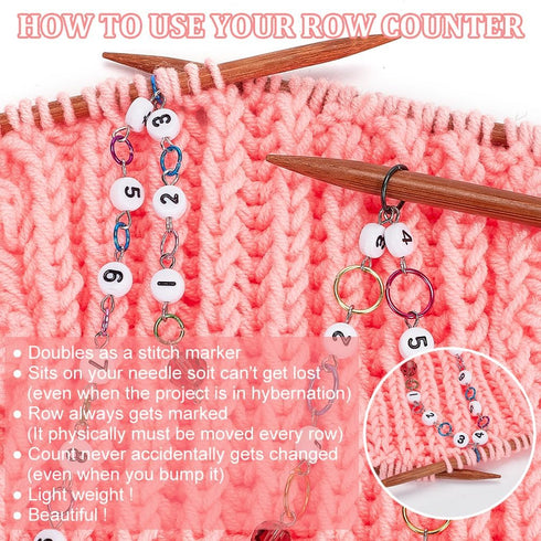 NBEADS 2 Pcs Glass Number Beads Knitting Row Counter Chains, Link Beads Stitch Marker Row Counter Chains with Aluminum Linking Ring for Sewing Kni...