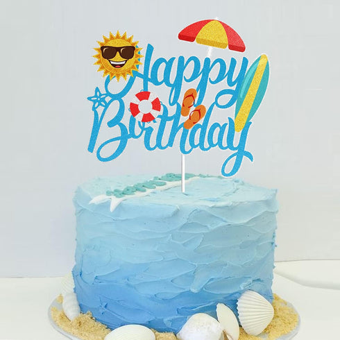 LINGBOOM Summer Beach Happy Birthday Cake Topper - Blue Glitter - 10.7*15 cm/4.2*5.9 inches - Multicolored - Birthday Occasion...
