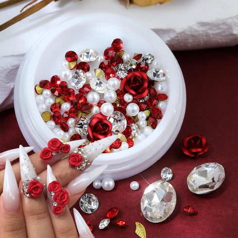 2 Boxes Flower Nail Charms 3D Rose Metal Acrylic Floral Nail Art Rhinestones with Pearls Red Rose Metal Flower Shiny Nail Gems Diamonds Nail Jewel...