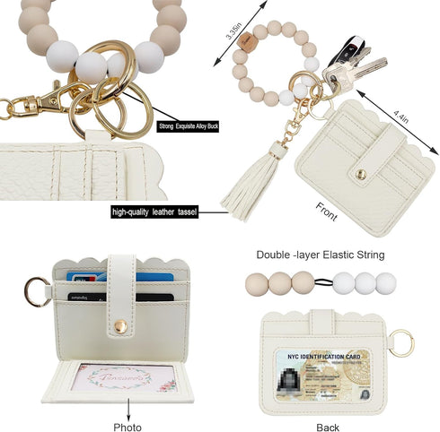 Keychain Wallet Wristlet Small Credit Card Holder Bracelet Key Chain Purse Bangle Tassel Beads Key Rings for Women...
