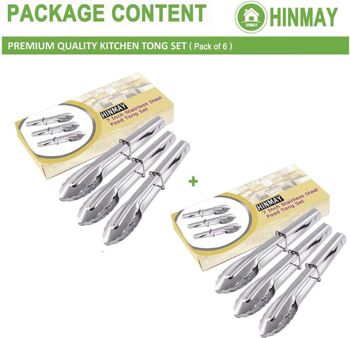 Mini Stainless Steel Food Tongs with Silding Rings 7-Inch - Set of 6 - Small Clam Shell Service Tongs for Serving Appetizers, Desserts, Salads, Ba...