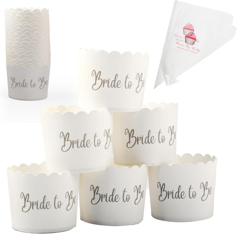 Bride To Be Cupcake Liners Wrappers 25 Count 4.5 oz Each 2-12inch Disposable Piping Bags Wedding Bridal Shower Oven Safe Greaseproof Baking Cups M...