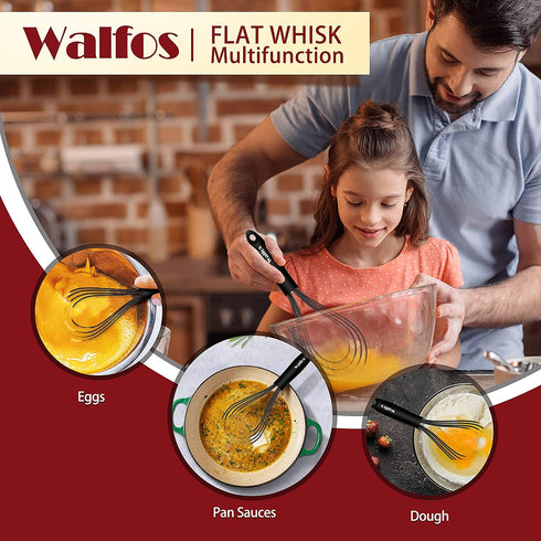 Walfos Silicone Flat Whisk,11inch Flat Whisk Non Scratch Coated Flat Whisks for Cooking.Great for Ceramic Coated pans and Wider shallower pots.Bla...