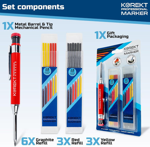 KOREKT Professional Marker, Heavy Duty Mechanical Carpenter Pencil Set with 12 Refills and Lead Sharpener, Deep Hole Marking in Construction, Wood...