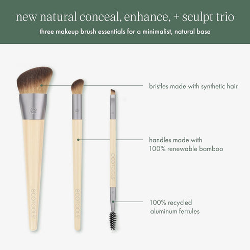 EcoTools New Natural Conceal, Enhance, & Sculpt Trio, Makeup Brushes For Foundation, Concealer, & Brows, Dense, Synthetic Bristles For Sculpting F...