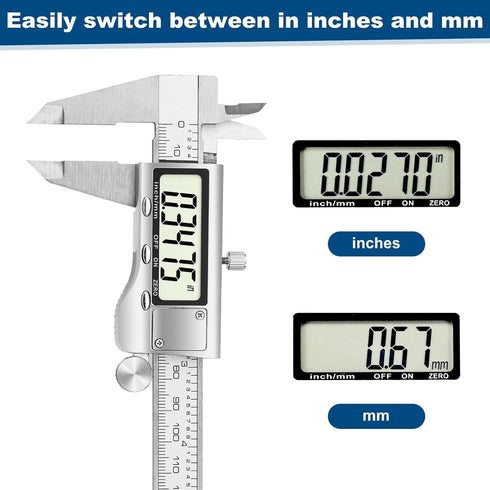 Digital Caliper, Caliper Measuring Tool with Stainless Steel, Electronic Micrometer Caliper with Large LCD Screen, Auto-Off Feature, Inch and Mill...