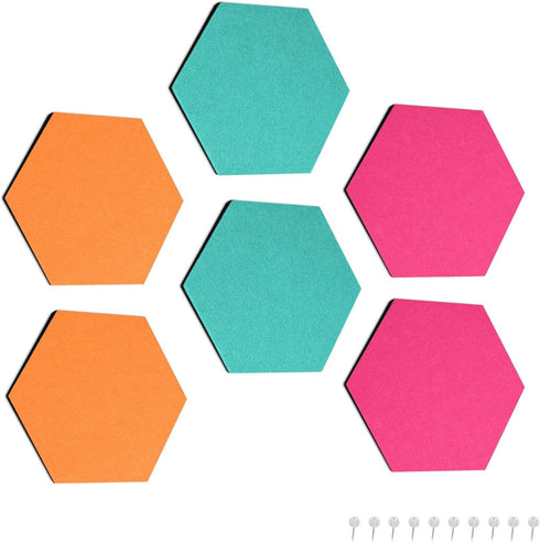 Navaris Hexagon Felt Board Tiles - Set of 6 Notice Memo Bulletin Boards with Push Pins Pack 5.9 x 7 inches (15 x 17.7 cm) - Turquoise, Orange, Pin...