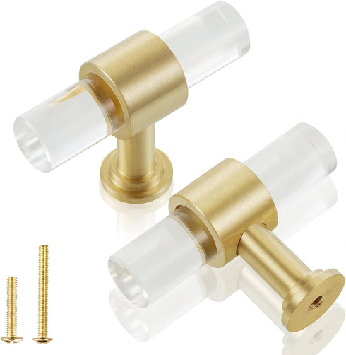QOGRISUN 2-Pack Acrylic Cabinet Knobs with Brass Base,Gold Modern Drawer Euro Style T Bar Handles, Kitchen Dresser Drawer Clear Glass Crystal Pull...