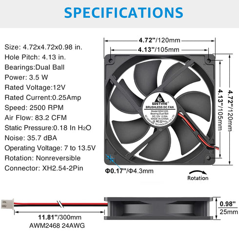 GDSTIME Dual Ball Bearings 120mm x 120mm x 25mm 5 inch 12v Brushless DC Cooling Exhaust Fan, For Desktop...