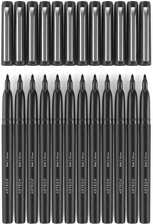 ARTEZA Black Felt Tip Pens, Pack of 12, 1.0–1.5 mm Fiber Tip, Quick-Drying Water-Based Ink, Art Supplies for School, Office, and Home...