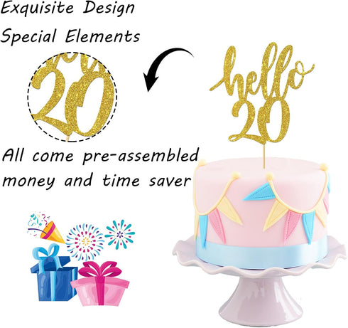 Hello 20 Cake Topper – 20th Birthday / 20th Anniversary Party Cake Decoration, 20th Birthday / 20th Anniversary Party Decorations Supplies (Gold, ...
