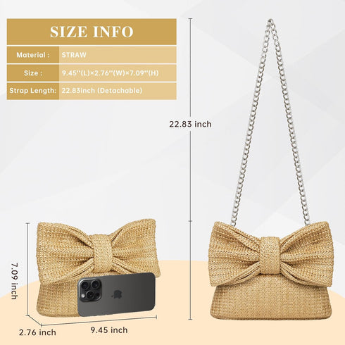 Straw Clutch Purse with Big Bow Handle Bag Summer Straw Handbag Beach Tote Woven Evening Bag for Parties, Wedding,Travel...