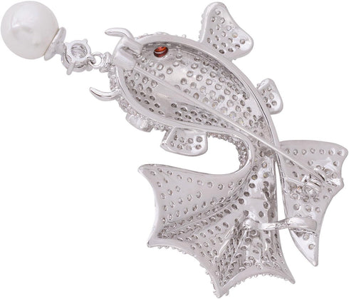 OBONNIE Women Cubic Zirconia Crystal 3D Goldfish Whale Pearl Brooch Pin Corsage Pendant Silver Tone...