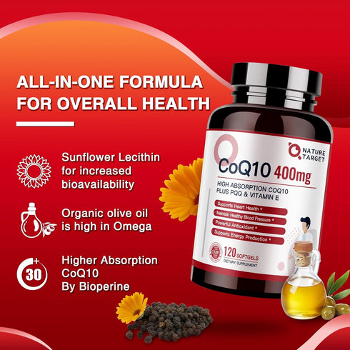 NATURE TARGET CoQ10-400mg Plus PQQ with Vitamin E & Organic Olive Oil - Coenzyme-Q10 with BioPerine - High Absorption Antioxidant-for-Heart-Health...