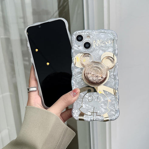 Cartoon Case for iPhone 13 Pro Max, Cute Mickey Mouse Shinny Gold Plating Curly Wave Frame with Quicksand Cell Phone Holder Strap for Woman Girls ...