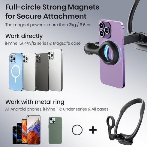 Magnetic Neck Phone Holder, Cell Phone Mount Lazy Bracket with Long Pole and Chest Pad, 2 in 1 Hand Free POV/Vlog Video Shooting Holder for Record...
