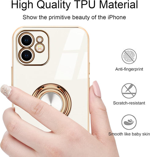 for iPhone 12 Phone Case with 360° Rotatable Finger Ring Holder Kickstand Magnetic Shiny Gold Plated Edge for Women Men Shockproof Soft TPU Protec...