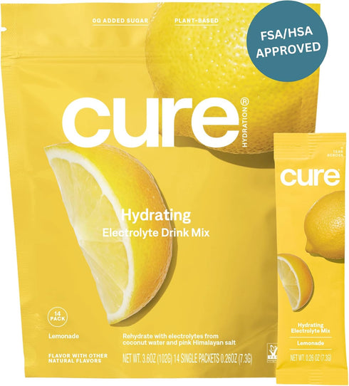 Cure Hydration | Plant-Based Electrolyte Drink Mix | No Added Sugar | FSA & HSA | Dehydration Relief Powder Made with Coconut Water | Non-GMO | Ve...