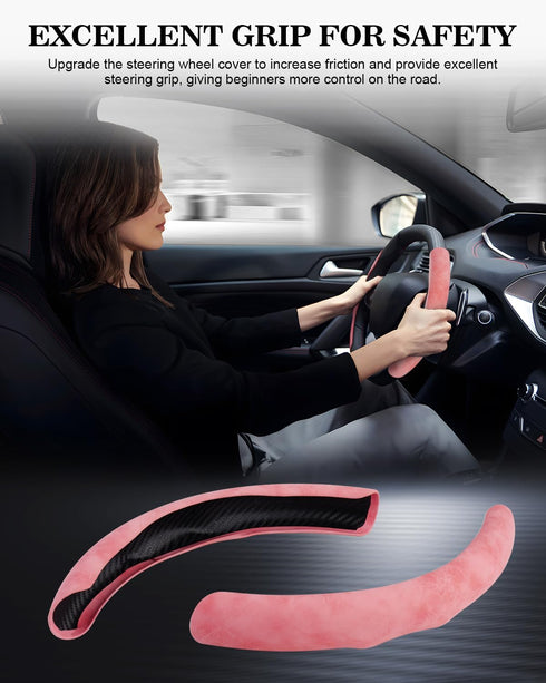 2Pcs Steering Wheel Cover Anti-Skid Segmented Car Accessories for Girls and Women?Leather Universal Fit Car Steering Wheel Cover (Pink)...