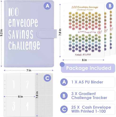 100 Envelopes Money Saving Challenge, A5 Easy and Fun Way to Save $5,050 Money Saving Binder with Cash Envelopes, Money Saving Challenge Book Budg...
