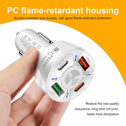 4 Ports Car Fast Charging Charger Cigarette Lighter Adapter, Super Fast Auto Charging Cigarette Lighter Plug with QC 3.0, PD 20W, Type C, 3.1 A, V...