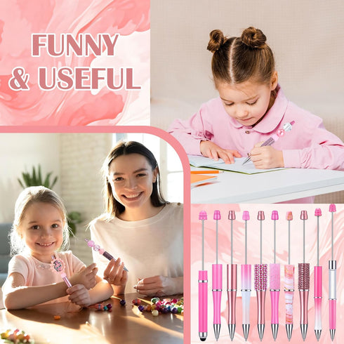10 Pcs Pink Beadable Pen Bulk Diamond Rhinestone Beadable Pens 2 in 1 Stylus Bead Pen Empty Tube Floating DIY Pens Plastic Black Ink Ballpoint Pen...