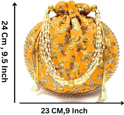 Women Potli Bag Gota Patti Work Embroidered Golden work Handbag Silk Purse Party wedding Clutch Gifting Pearls...