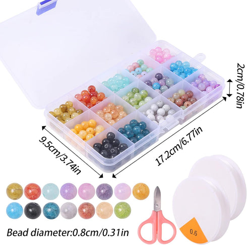 Round Glass Beads for Jewelry Making,8mm Crackle Glass Beads 15 Colors Smooth Crystal Beads Bracelet Making Kits with Elastic Thread for Bracelets...
