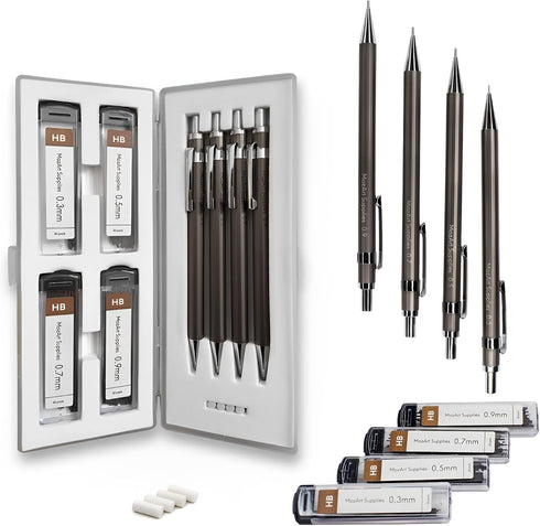 MozArt Mechanical Pencil Set with Case - 4 Sizes: 0.3, 0.5, 0.7 & 0.9mm with 30 HB Lead Refills Each & 4 Eraser Refills -Sketch, Drafting, Art, Dr...