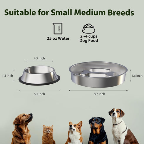 Slow Feeder Dog Bowls Stainless Steel Non-Slip Dog Food Bowl for Small Medium Breeds 2 Cups Dog Slow Feeder Bowl for Fast Eaters Slows Down Eating...