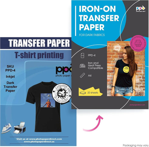 PPD Iron on Transfer Paper for Dark Fabric Compatible with Inkjet Printer, 8.5 x 11 Printable T Shirt Heat Transfer Papers Machine Washable (20 Pa...