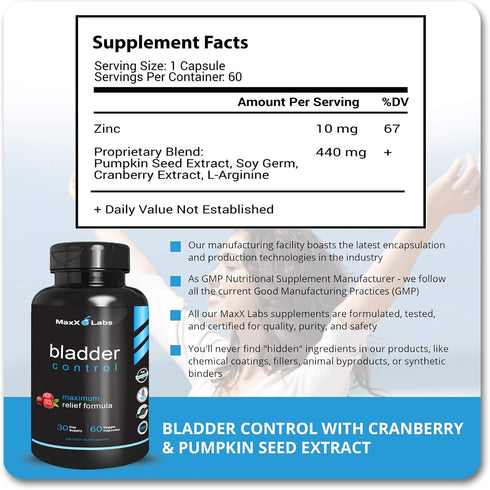 Bladder Control Supplement - Overactive Bladder Control Pills - Potent Blend of Pumpkin Seed Oil, Cranberry Extract & Vitamin D3 - Urinary Tract I...