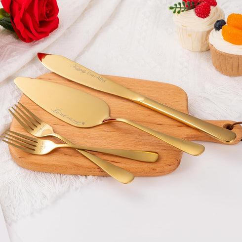 Wedding Cake Knife and Server Set, Cake Cutting Set for Wedding, Mr and Mrs Forks Cake Cutter Set for Wedding Anniversary Bridal Shower Gifts (Gol...