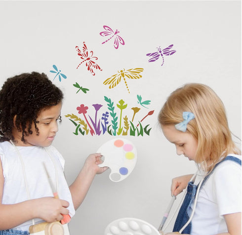 FINGERINSPIRE Dragonfly Flower Stencil 11.8x11.8inch Flying Dragonfly Painting Stencil Plant Wildflower Drawing Stencil, Reusable Art Craft Drawin...