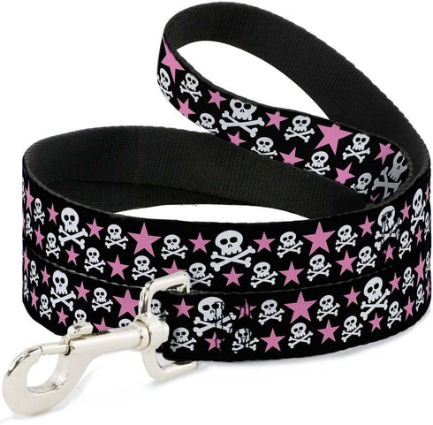 Dog Leash Skulls Stars Black White Pink 4 Feet Long 1.5 Inch Wide...