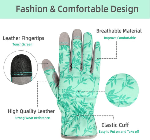 Leather Gardening Gloves for Women, Flexible Breathable Garden Gloves, Thorn Proof Working Gloves for Weeding, Digging and Pruning, Green, X-Small...