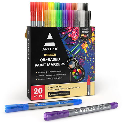 ARTEZA Oil Based Paint Markers, 20-Pack, 18 Unique Colors, 1.3 mm Line, Small Barrel, Permanent Pens, Art Supplies for Stone, Wood, Glass, Canvas...