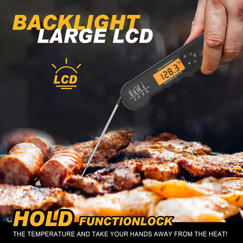 Waterproof Instant Read Digital Meat Thermometer for Cooking and Grilling, Food Thermometer with Backlight, Magnet, Calibration, and Foldable Prob...