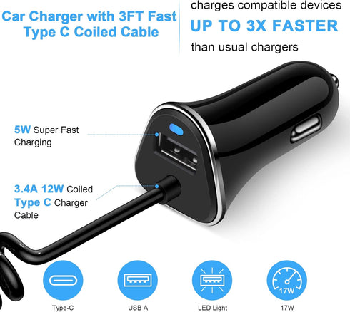 Fast Car Charger Pixel 7 Type C Car Plug Android USB C Cigarette Lighter Car Adapter Fast Charging C Coiled Cable for Samsung Galaxy A14 5G/S23/A5...