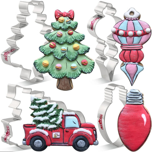 LILIAO Christmas Cookie Cutter Set, 4-pc, Pickup Truck with Christmas Tree, Christmas Tree, Light Bulb and Christmas Ornament Biscuit Fondant Cutt...