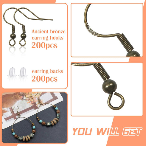 TOAOB 200pcs 925 Silver Plated Earring Hooks and Backs for DIY Jewelry Making with 18mm Antique Bronze Hypoallergenic Earring Hooks...