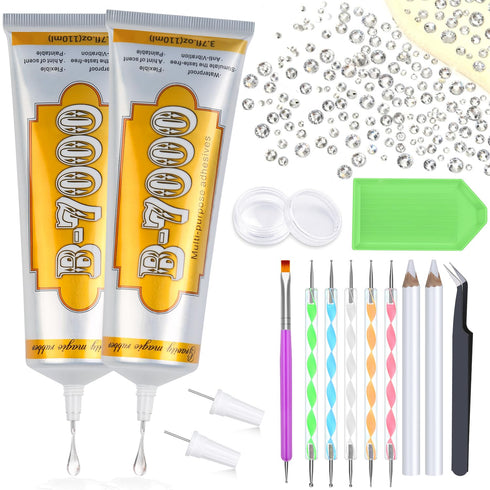 B 7000 Clear Glue with Rhinestones Craft Kit, 2 x 110ML B-7000 Adhesive Glue with Nail Gems, Dotting Tools, Brush for DIY Bead Stone Jewelry Makin...