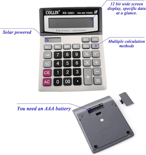 Desk Calculator, 12-Digit Solar Battery Office Calculator with Large LCD Display Big Sensitive Button, Dual Power Desktop Calculators...