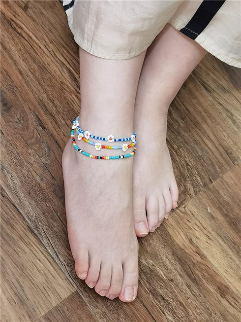3 PCS Bead Flower Chain Anklet Bracelet Set for Women Resin Cute Daisy Ball Bead Seeds Fashion Colorful Handmade Adjustable Layered Chains Nickel ...