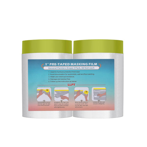 LLPT Tape and Drape 25.6”(Unfolded) x 66 Ft Each 2 Pack Pre-Taped Masking Film 2.4 Mil Painters Plastic Drop Cloth for Auto Wall Furniture Paintin...