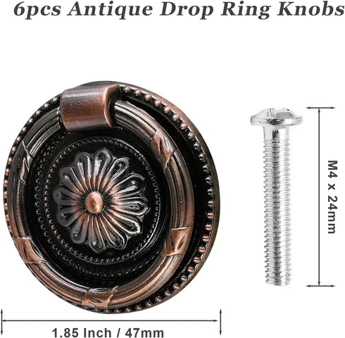 6pcs Red Bronze Cabinet Knobs, Drop Ring Drawer Pulls Round Dresser Knobs Handles with Screws, Vintage Drawer Knobs Pulls Handles Hardware for Kit...