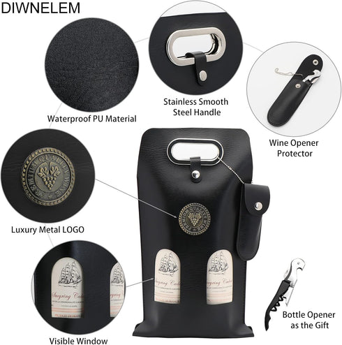 DIWNELEM Leather Wine Bag Leather Wine Gift Bags with Wine Opener Wine Tote Carrier Bag Champagne Beer Bottle Bags for Wedding, Birthday,Travel, W...