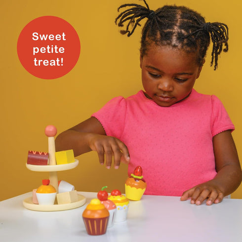 Toys - Teatime Cupcake Set - 4pc Wooden Assorted Decorated Cupcake Playset - Afternook Playset Toy for Children Pretend Kitchen Play - Social and ...
