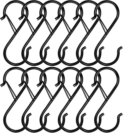 12 Pack S Hooks for Hanging, 3.5 inch Safety Buckle Design Heavy Duty Metal Black S Hooks for Hanging Plants, Pots, Pans, Cups, Clothes, Towels, B...